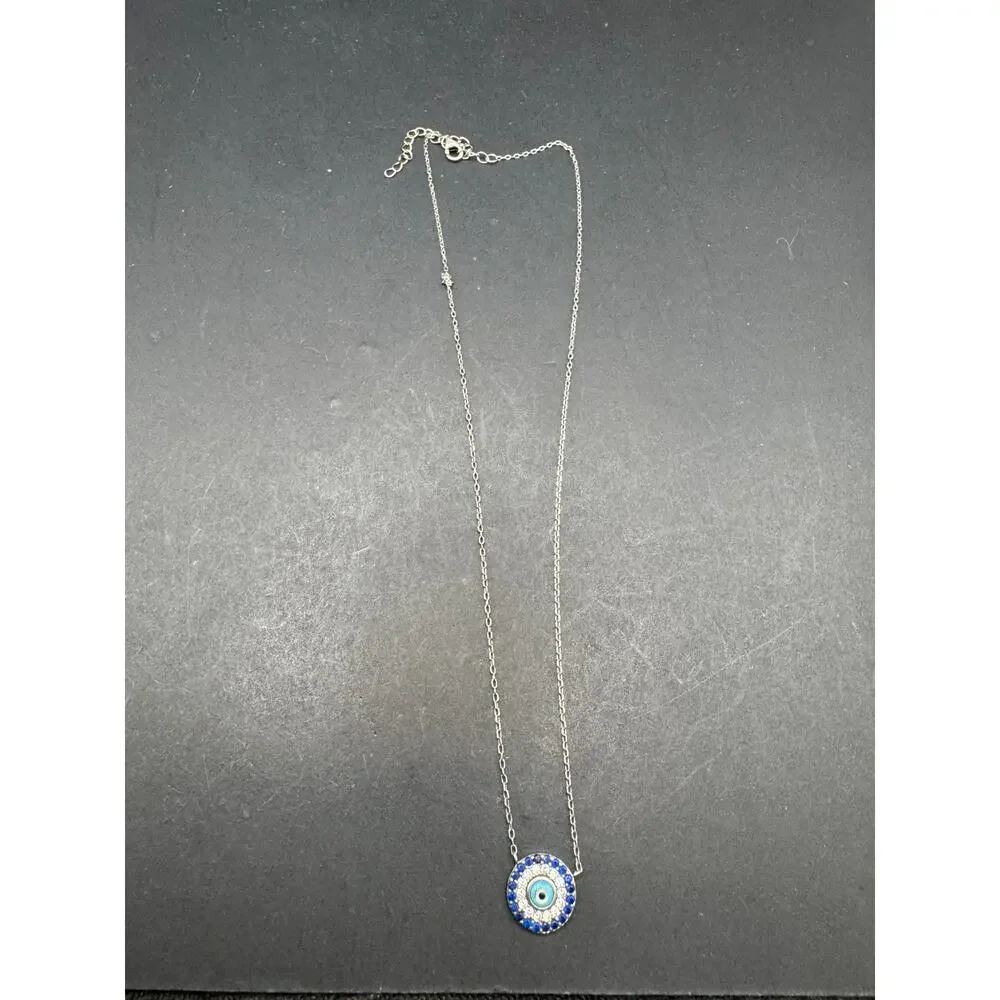 925 Sterling Silver Cubic Zirconia Blue Disc Evil Eye Pendant Necklace 17.5